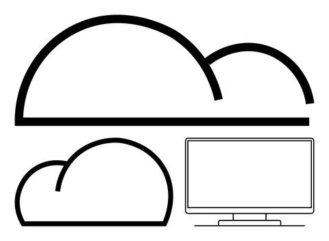 Outline designs of large and small clouds beside a computer monitor line draw Illustrazione stock