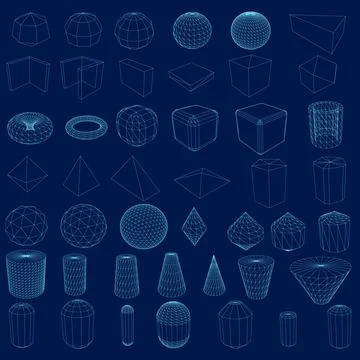 Outline of different geometric shapes in wireframe style. 3D. Vector Illustrazione stock
