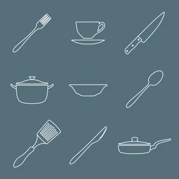Outline dinnerwarwe icons set Stock Illustration