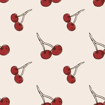 Outline doodle cherry pattern on white background. Stock Illustration