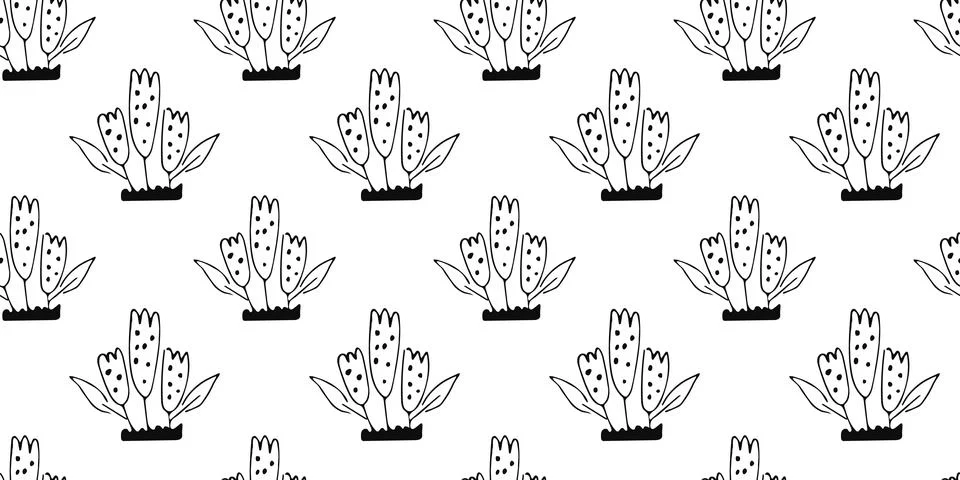 Outline doodle flower seamless Pattern. Hand drawn botanical background with  Stock Illustration