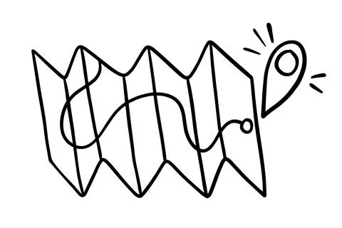 Outline, doodle, paper map guide shows the route. Location sign. Hand drawn Stock Illustration