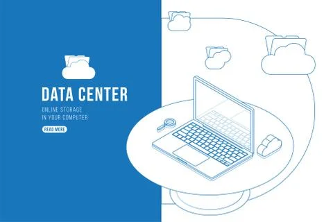 Outline drawing Data Center Isometric concept with online file storage, cloud Stock Illustration