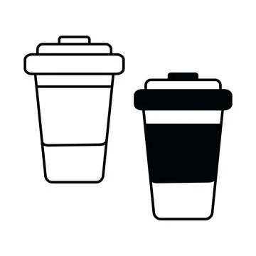 Outline drawing disposable coffee cups with lid. Design concept for logo Stock Illustration
