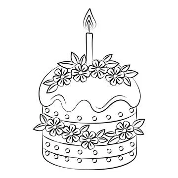Outline drawing of Easter cake with candle and floral decoration Stock Illustration