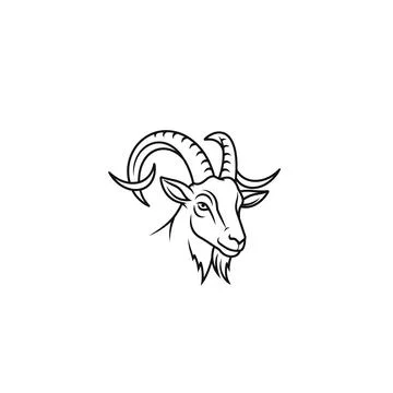 Outline drawing of a goat head with large horns Illustrazione stock