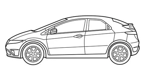 Outline drawing of a hatchback car from side view. Illustrazione stock