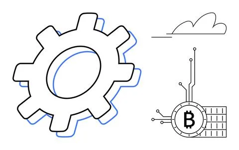 Outline drawing of a large gear, cloud, and Bitcoin symbol with circuitry. Id Stock Illustration