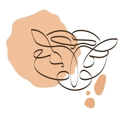 Outline drawing of a leopard's muzzle with a feather on a pink spot Stock Illustration