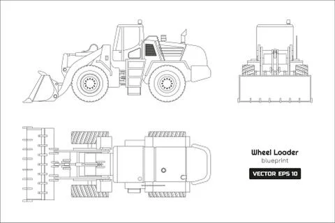 Outline drawing of wheel loader. Top, side, front view. Diesel digger blueprint Stock Illustration