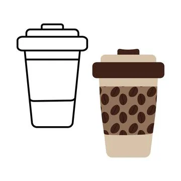Outline drawn and patterned disposable cups with lid. Set of 2. Sticker, icon Stock Illustration