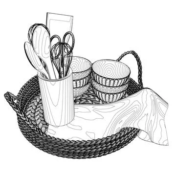 Outline of drawn illustration kitchen tools. Contour of kitchen utensils in a Stock Illustration