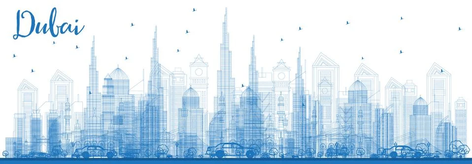 Outline Dubai UAE Skyline with Blue Buildings. Stock Illustration