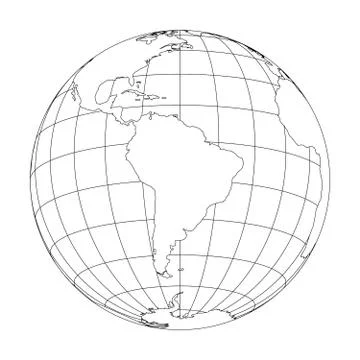 Outline Earth globe with map of World focused on South America. Vector Illustrazione stock