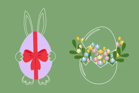 Outline Easter Bunny behind Egg with tied bow and Crack eggshell with Flowers イラスト素材