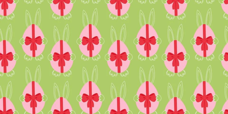 Outline Easter Bunny Hiding Easter Eggs with Tied Ribbon Bow Seamless Pattern Stock Illustration