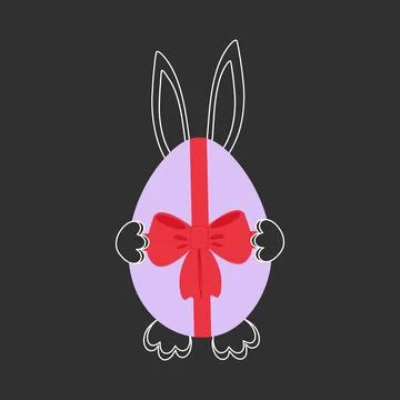 Outline Easter Bunny Hold Egg with Tied Ribbon bow Light Contour on Dark Easter Illustrazione stock