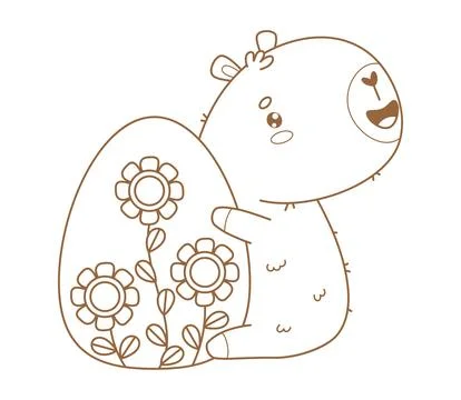 Outline Easter Capybara with big paschal egg. Holiday Happy cartoon kawaii .. 스톡 일러스트