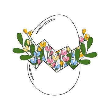 Outline Easter Egg with Colorful Flowers and Sprigs Springtime Modern Floral Illustrazione stock