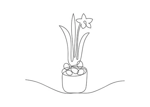 Outline Easter eggs and blooming narcissus Flower in pot. Festive continuous  Stock Illustration