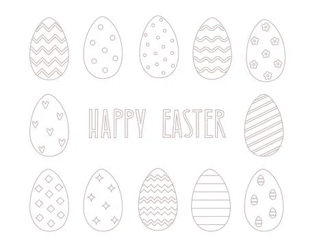 Outline easter eggs vector illustrations. Happy Easter line text. Stock Illustration