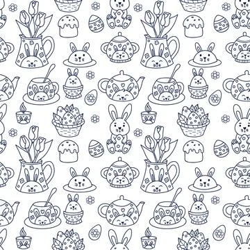 Outline Easter Seamless pattern. Cute paschal rabbit with Egg, festive tabl.. Stock Illustration