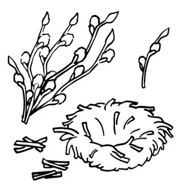Outline Easter Willow sprig sticker set on white isolated backdrop stock vect Stock Illustration