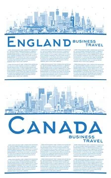 Outline England and Canada City Skyline Set. Stock Illustration