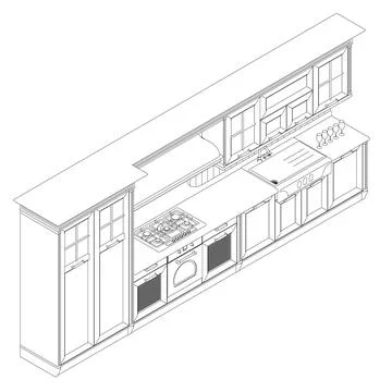 The outline of the finished assembled kitchen from black lines isolated on a Stock Illustration