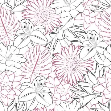 Outline floral seamless pattern. Line art fabric print template. Simple vecto Stock Illustration