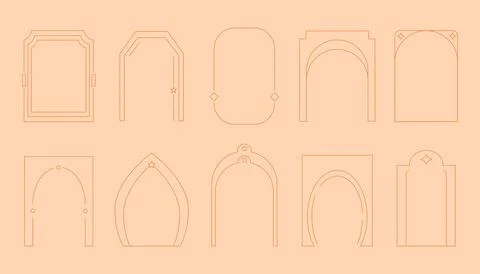 Outline frame logo set, line arch set. Bohemian linear shapes, stars and sun Stock Illustration