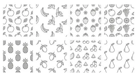 Outline fruit patterns set apples bananas oranges grapes strawberries lemon.. Stockillustratie