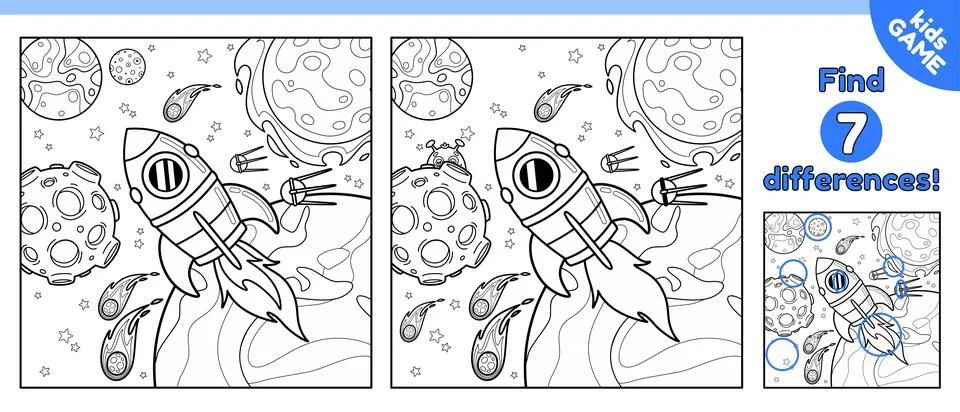 Outline game Find 7 differences with space rocket Stock Illustration
