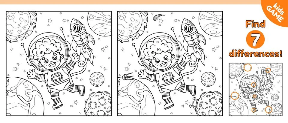 Outline game Find 7 differences with astronaut boy Stock-Illustration