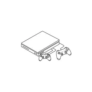 Outline of gaming console and controllers on white background with video game Illustrazione stock