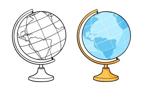 Outline Globe and Colored Doodle Sketch. Hand drawn school globe on a stand.. Stock Illustration