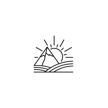 Outline graphic of mountain range with sun icon, nature vector 스톡 일러스트
