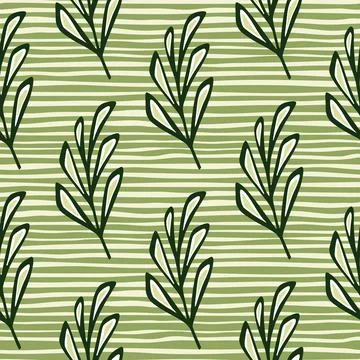 Outline green leaf branches elements seamless doodle pattern. Green and white Stock Illustration