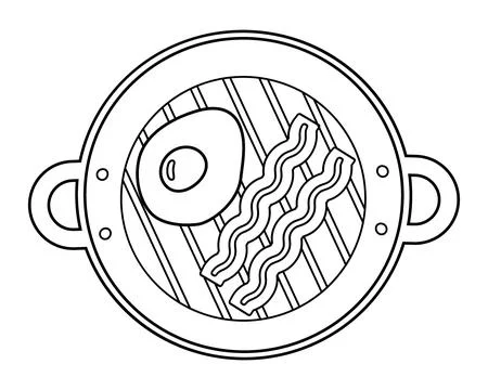 Outline Grill Pan with Fried Egg and Bacon Stripes Traditional English Breakfast Illustrazione stock