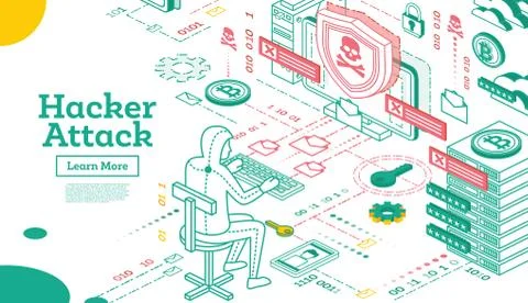 Outline Hacker Attack. Isometric Cyber Security Concept. Stock Illustration
