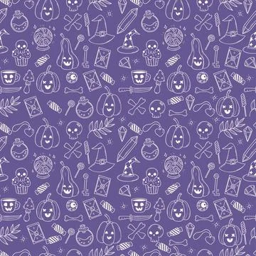 Outline Halloween Seamless pattern. Witchcraft Pumpkin Jack lantern magic b.. Stock Illustration