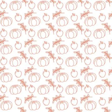 Outline hand drawn Pumpkins, apples and berry twigs Seamless pattern in trendy Illustrazione stock