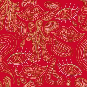 Outline hand drawn vector eye, love, smile seamless red pattern. Cute doodle Illustrazione stock