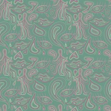 Outline hand drawn vector eye, love, smile seamless green pattern. Cute doodle Stock Illustration