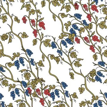 Outline hand drawn vector illustration of a beige grape vine plants with red and Stock Illustration