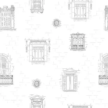 Outline hand drawn windows pattern background. Vintage architecture wallpaper Stock Illustration