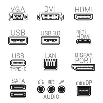 Outline hardware interface icons sign symbol set Illustrazione stock