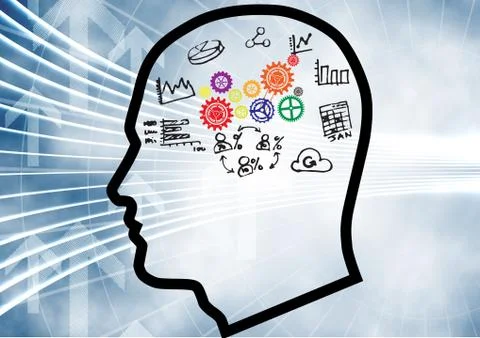 Outline head with 3D cogs brain and graphic about economy Stock Illustration