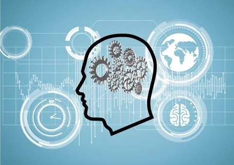 Outline head with 3D cogs brain on a technological background Stock Illustration