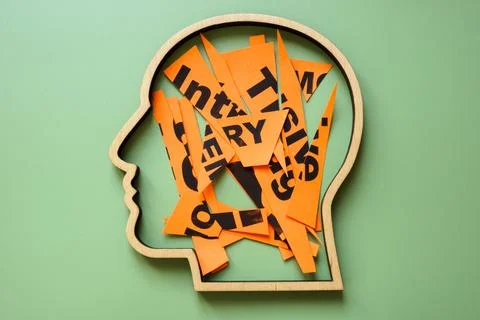 Outline of a head and cut-up notes. Fragmented thoughts and mental overload. Stock Photos